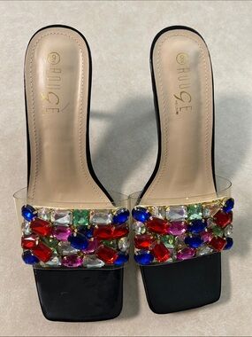 Rouge Helium Multicolor Jeweled Clear-Band Slide Sandals - Black